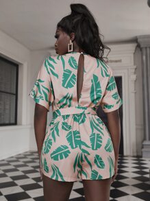 Zolique Leaf Print Batwing Sleeve Keyhole Back Belted Romper - Apricot - View 2