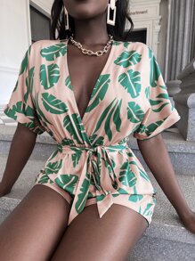 Zolique Leaf Print Batwing Sleeve Keyhole Back Belted Romper - Apricot - View 4