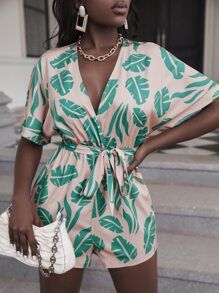 Zolique Leaf Print Batwing Sleeve Keyhole Back Belted Romper - Apricot - View 5