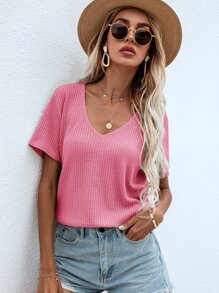SHEIN LUNE Áo thun nữ màu trơn Giải trí - Hồng - Xem 3