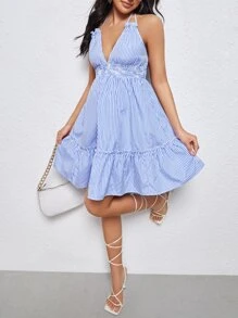 SHEIN Maternity Striped Deep V Neck Backless Shirred Halter Dress - Blue and White - View 5