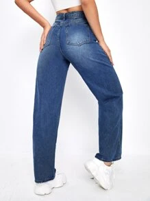 SHEIN EZwear 高腰男友牛仔褲 - 中等水洗藍 - 查看 2