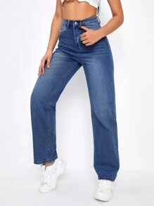 SHEIN EZwear 高腰男友牛仔褲 - 中等水洗藍 - 查看 5