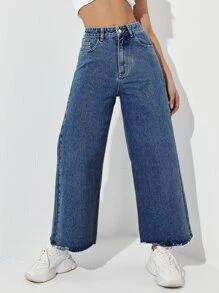 Zipper Fly Raw Hem Wide Leg Jeans - Dark Wash - View 2