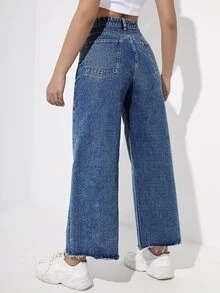 Zipper Fly Raw Hem Wide Leg Jeans - Dark Wash - View 3