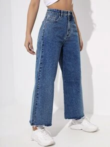 Zipper Fly Raw Hem Wide Leg Jeans - Dark Wash - View 4