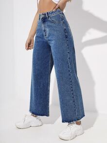 Zipper Fly Raw Hem Wide Leg Jeans - Dark Wash - View 5