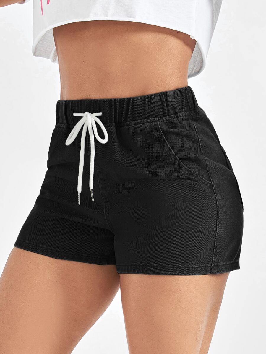 SHEIN EZwear Drawstring Waist High Waist Denim Shorts - Black - View 1