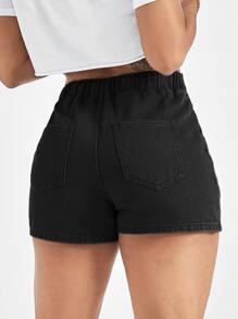 SHEIN EZwear Drawstring Waist High Waist Denim Shorts - Black - View 2