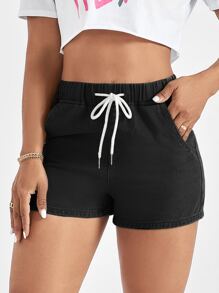 SHEIN EZwear Drawstring Waist High Waist Denim Shorts - Black - View 3