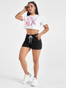 SHEIN EZwear Drawstring Waist High Waist Denim Shorts - Black - View 4