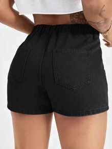 SHEIN EZwear Drawstring Waist High Waist Denim Shorts - Black - View 5