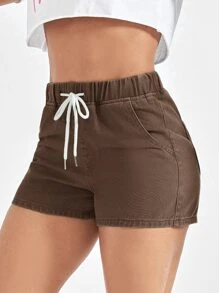 Shorts en mezclilla de cintura con cordón de talle alto - Café integral - Ver 1