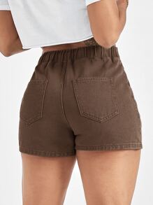 Shorts en mezclilla de cintura con cordón de talle alto - Café integral - Ver 2