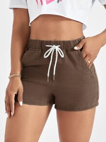 Shorts en mezclilla de cintura con cordón de talle alto - Café integral - Ver 3