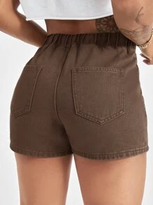 Shorts en mezclilla de cintura con cordón de talle alto - Café integral - Ver 5