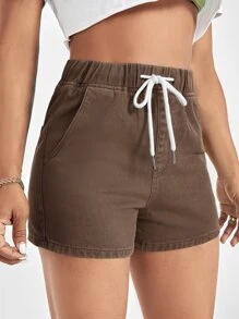 Shorts en mezclilla de cintura con cordón de talle alto - Café integral - Ver 6