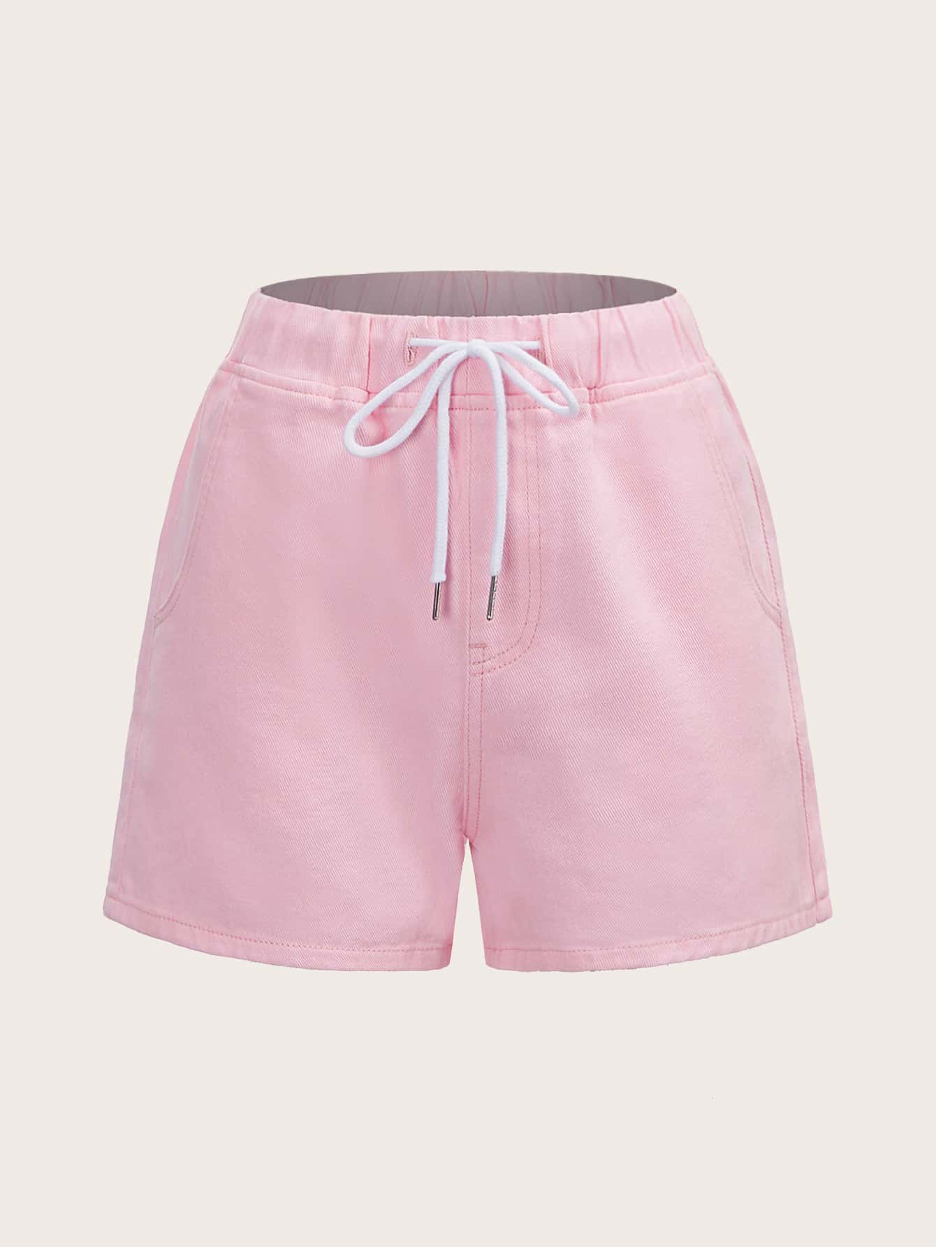 Drawstring Waist High Waist Denim Shorts - Baby Pink - View 1