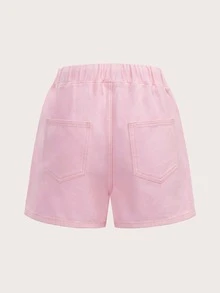 Drawstring Waist High Waist Denim Shorts - Baby Pink - View 2