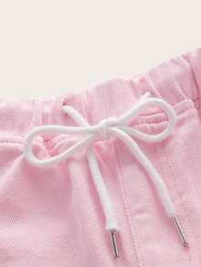 Drawstring Waist High Waist Denim Shorts - Baby Pink - View 3