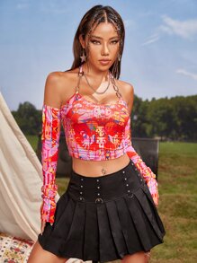 Graphic Havoc Letter & Graphic Print Chain Top - Multicolor - View 1