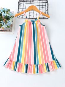 SHEIN Toddler Girls Rainbow Striped Print Ruffle Hem Cami Dress - Multicolor - View 1