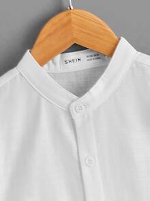 SHEIN 男孩小高領翻折袖素色襯衫 - 白色 - 查看 4