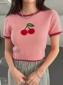 DAZY 櫻桃刺繡條紋飾邊針織上衣 - 藕粉色 - 查看 1