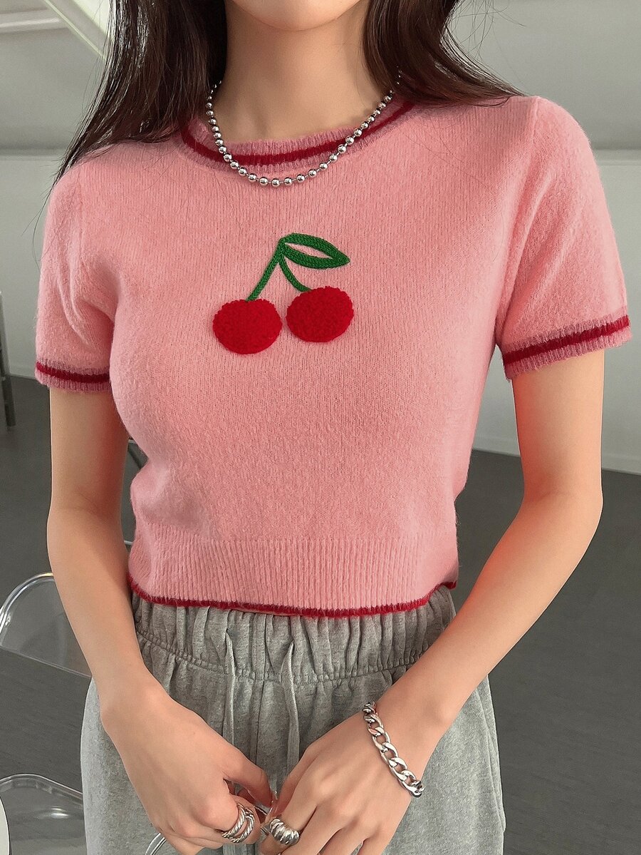 DAZY 櫻桃刺繡條紋飾邊針織上衣 - 藕粉色 - 查看 1