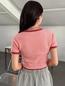 DAZY 櫻桃刺繡條紋飾邊針織上衣 - 藕粉色 - 查看 2