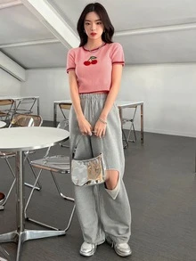 DAZY 櫻桃刺繡條紋飾邊針織上衣 - 藕粉色 - 查看 3