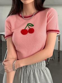 DAZY 櫻桃刺繡條紋飾邊針織上衣 - 藕粉色 - 查看 7