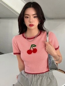 DAZY 櫻桃刺繡條紋飾邊針織上衣 - 藕粉色 - 查看 9