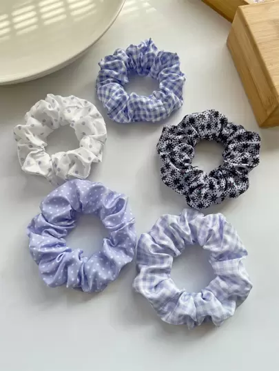 5 件女式 9 厘米/3.54 英寸波尔卡圆点格子紫色花卉发圈，时尚百搭高端优雅简约纯色弹力发带，适合日常外出、休闲、派对、通勤、海滩、度假、马尾辫、发髻、洗脸、化妆、服装配饰