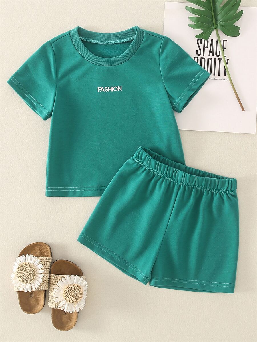 Toddler Girls Letter Embroidery Tee & Shorts - Green - View 1