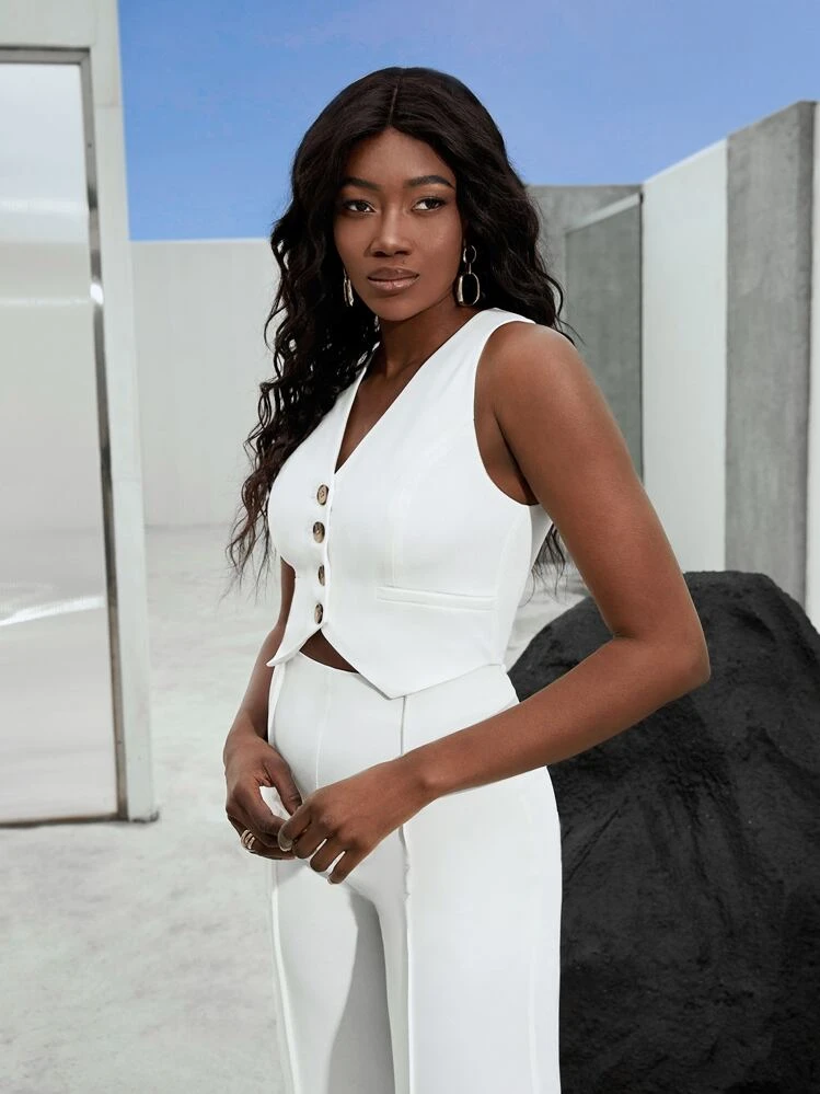 BizChic เสื้อคลุมเบลเซอร์ญี่ปุ่น คอวี กระดุมหน้า ชุดทำงาน - สีขาว - ดู 3