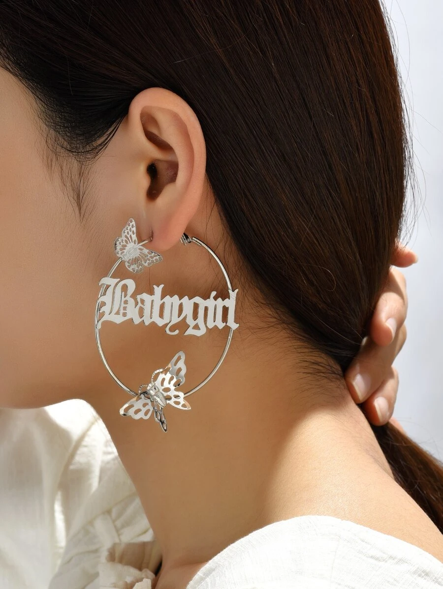 Butterfly & Letter Decor Hoop Earrings - Silver - View 1
