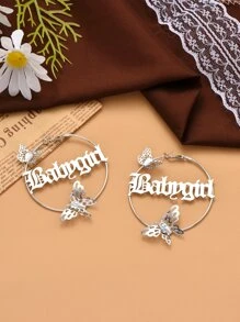 Butterfly & Letter Decor Hoop Earrings - Silver - View 2