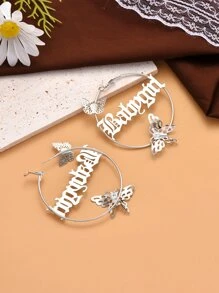 Butterfly & Letter Decor Hoop Earrings - Silver - View 3