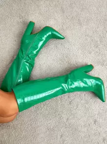 Botas clásicas con cocodrilo en relieve de punta con cremallera lateral con tacón grueso - Verde - Ver 5