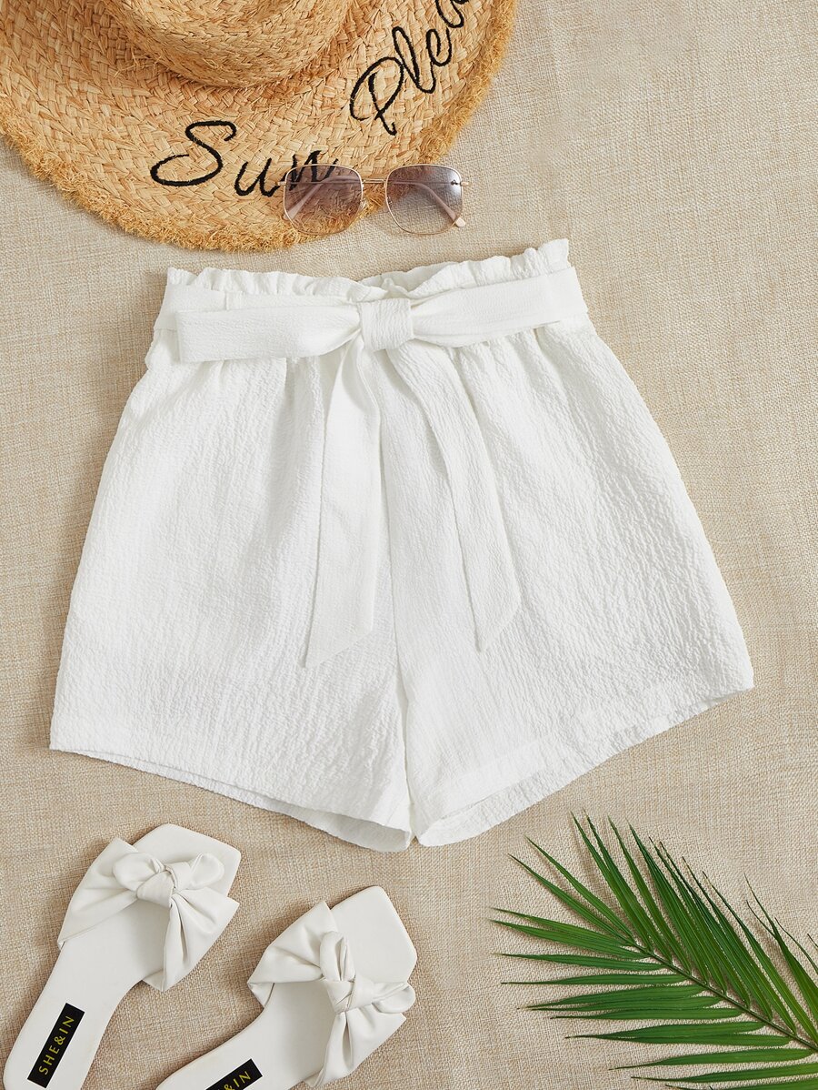 Paperbag Waist Belted Shorts - White - View 1