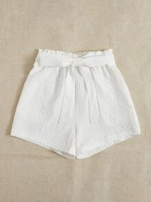 Paperbag Waist Belted Shorts - White - View 3