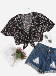 SHEIN PETITE Floral Print Knot Front Butterfly Sleeve Crop Top - Black - View 1