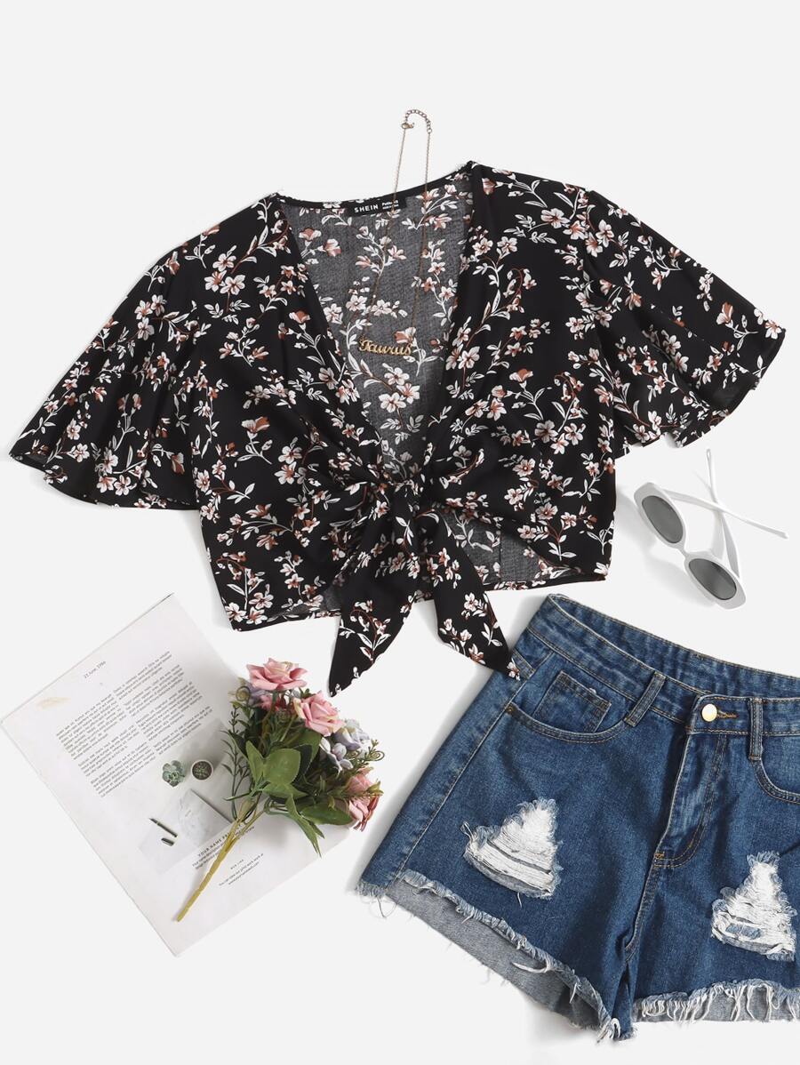 SHEIN PETITE Floral Print Knot Front Butterfly Sleeve Crop Top - Black - View 1