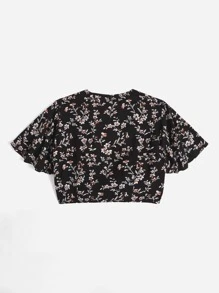 SHEIN PETITE Floral Print Knot Front Butterfly Sleeve Crop Top - Black - View 2