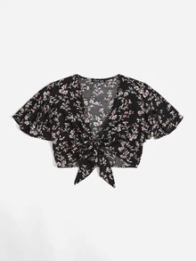SHEIN PETITE Floral Print Knot Front Butterfly Sleeve Crop Top - Black - View 5