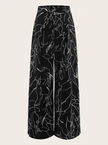 SHEIN Essnce Plus Graphic Print Belted Wide Leg Pants