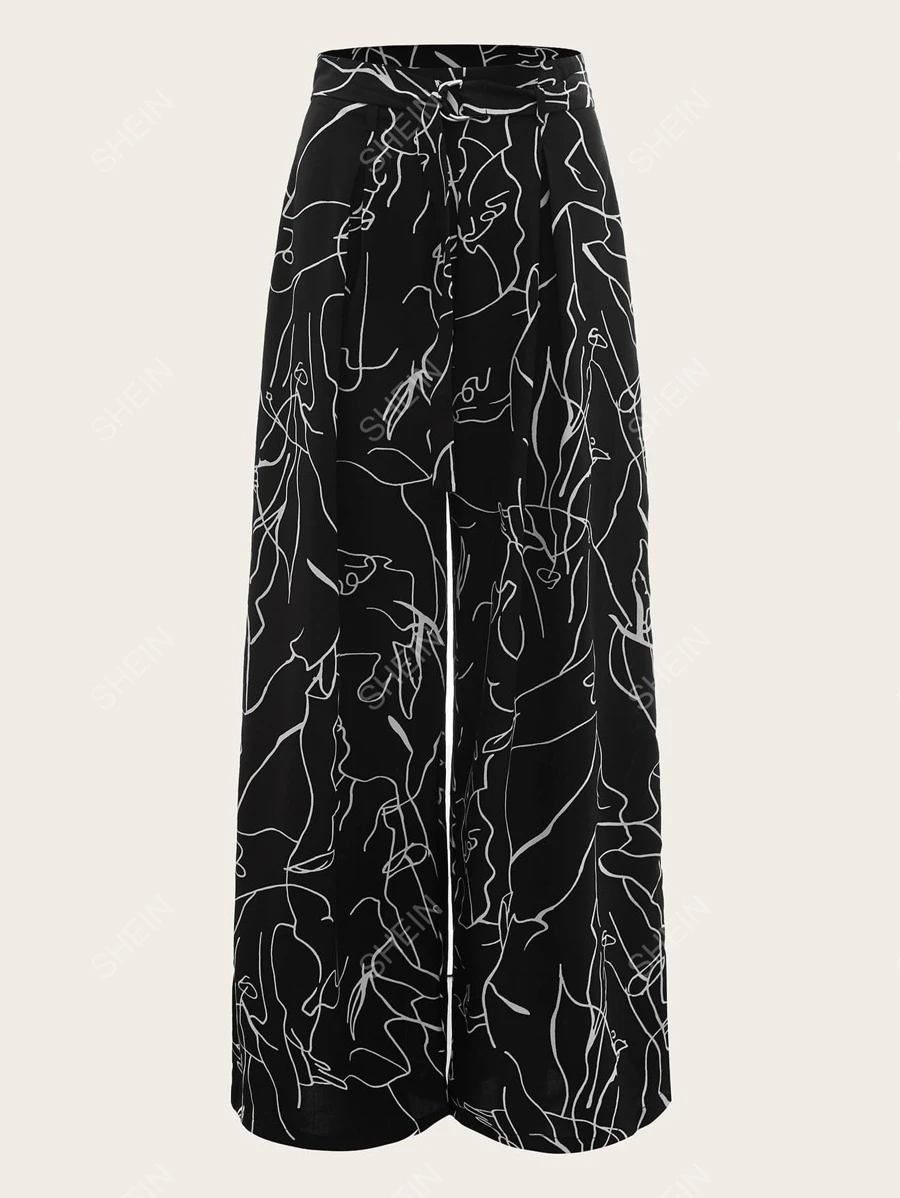 SHEIN LUNE Pantalones de pierna ancha con estampado total de moda para mujer, adecuados para el uso diario - Negro - Ver 1