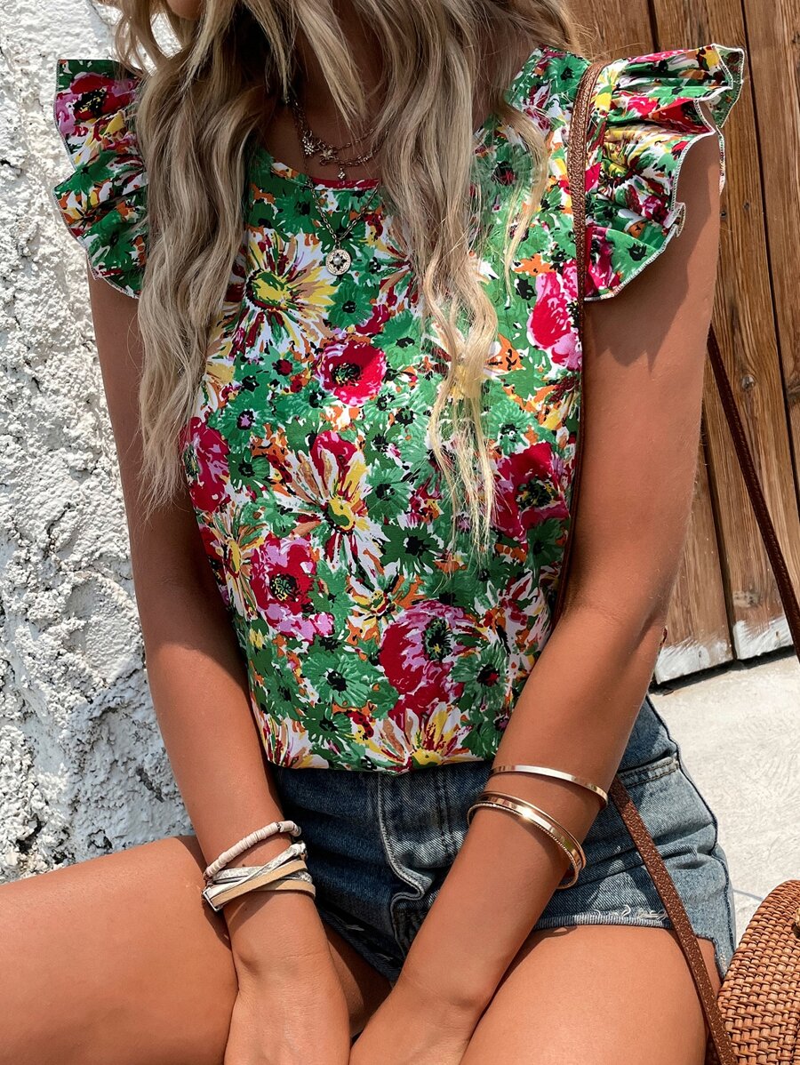 SHEIN Clasi Allover Floral Print Ruffle Trim Blouse - Multicolor - View 1