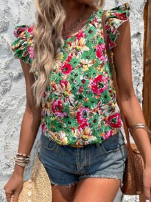 SHEIN Clasi Allover Floral Print Ruffle Trim Blouse - Multicolor - View 3